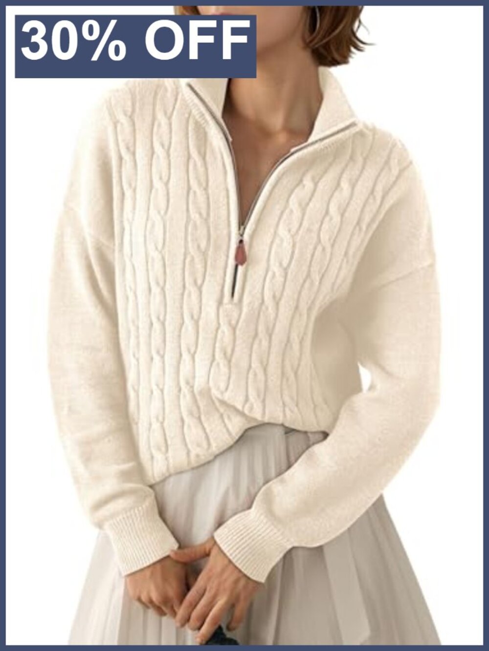 Quarter Zip Ribbed Cable Knit V Neck Pullover Sweater Relaxed Fit